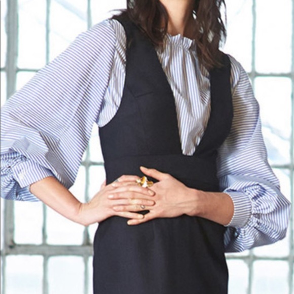 WHiT Navy Blue Plunge Pleated Pinafore Wool Blend Dress, Size 2 - Picture 1 of 12